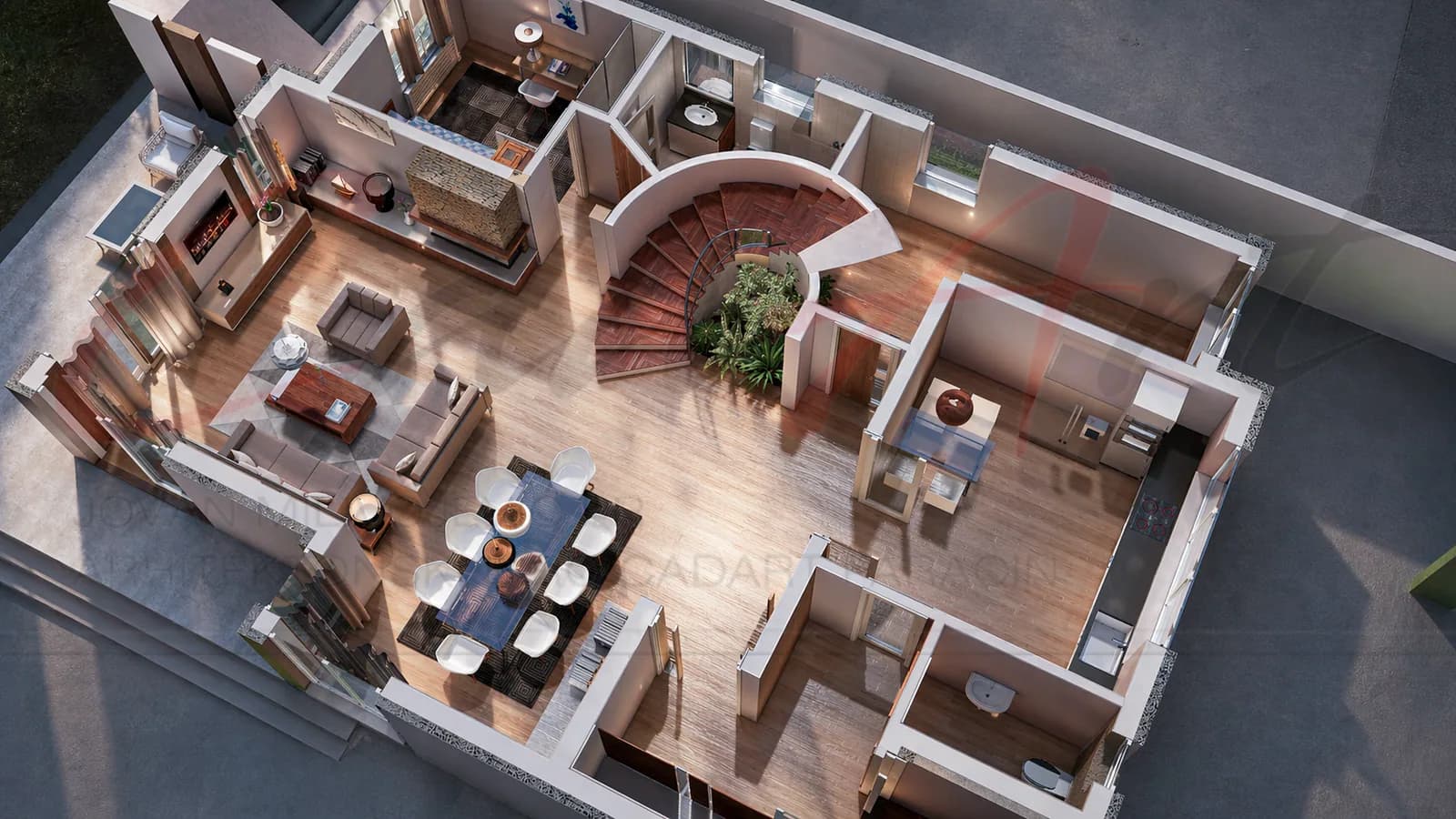 Osnova prizemlja 170m2 – dnevna zona, zatvorena kuhinja, spavaća soba, kupatilo i WC Vila Horizont