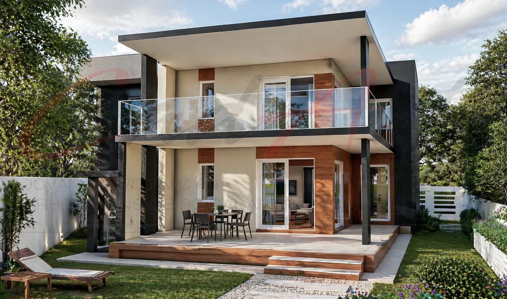 Zadnja fasada sa terasom i balkonom – moderna kuća na sprat 340m2 Vila Horizont