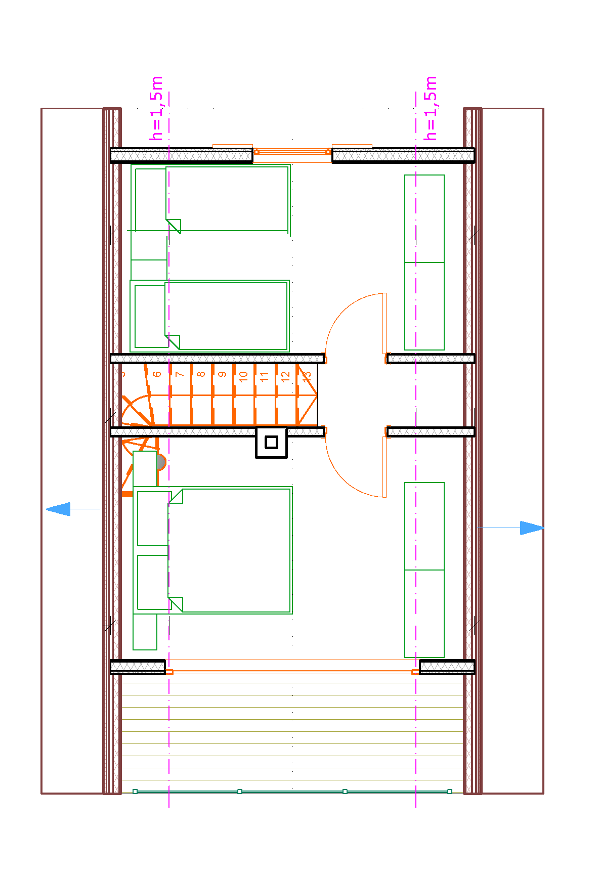 Osnova galerije A-frame vikendice - dve spavaće sobe pod kosim krovom