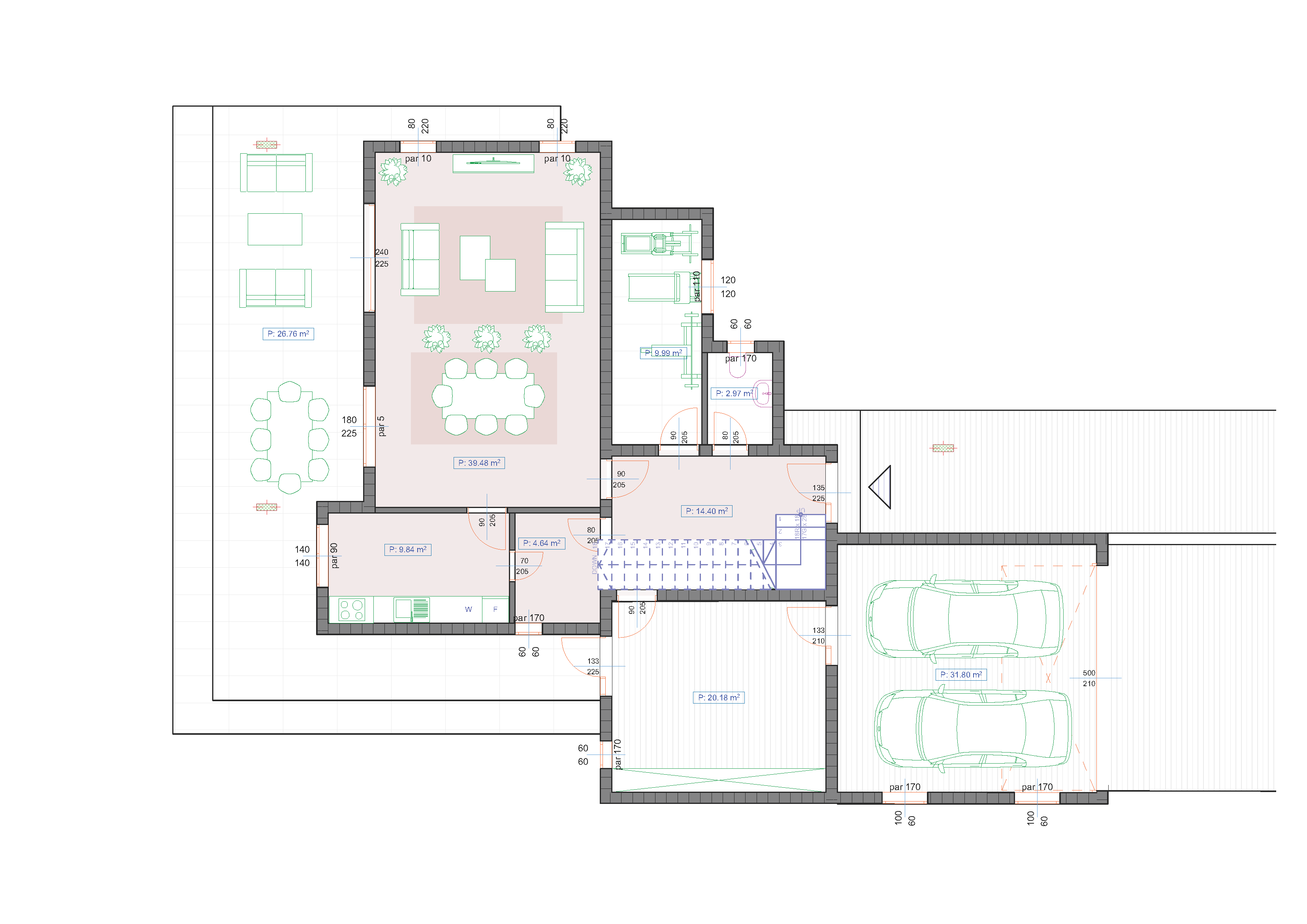 Plan prizemlja kuće 212m2 - garaža, dnevna soba, kuhinja