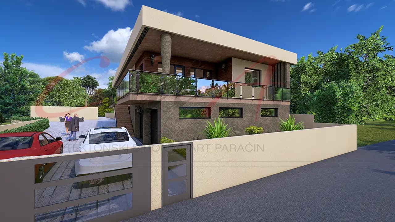 Terasa sa staklenom ogradom - projekat kuće sa suterenom Paraćin