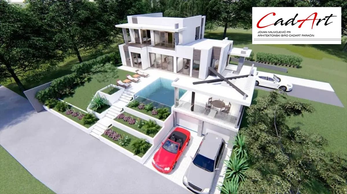 Projekat kuće sa bazenom Paraćin - dvorišni pogled 180m2