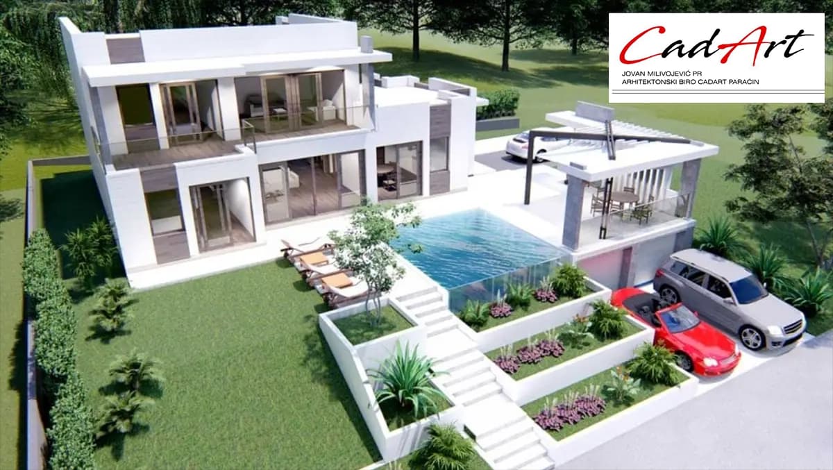 Noćni pogled na osvetljenu kuću sa bazenom - projekat kuće Paraćin