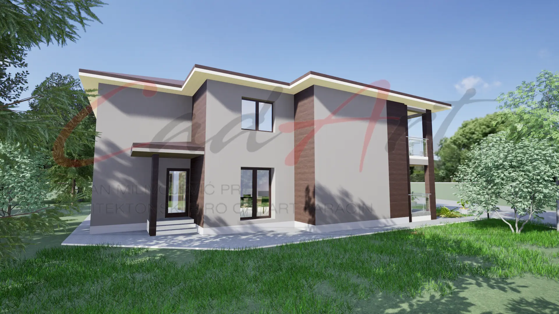 Moderna kuća sa drvenim elementima - projekat kuće 200m2 Paraćin prednja fasada
