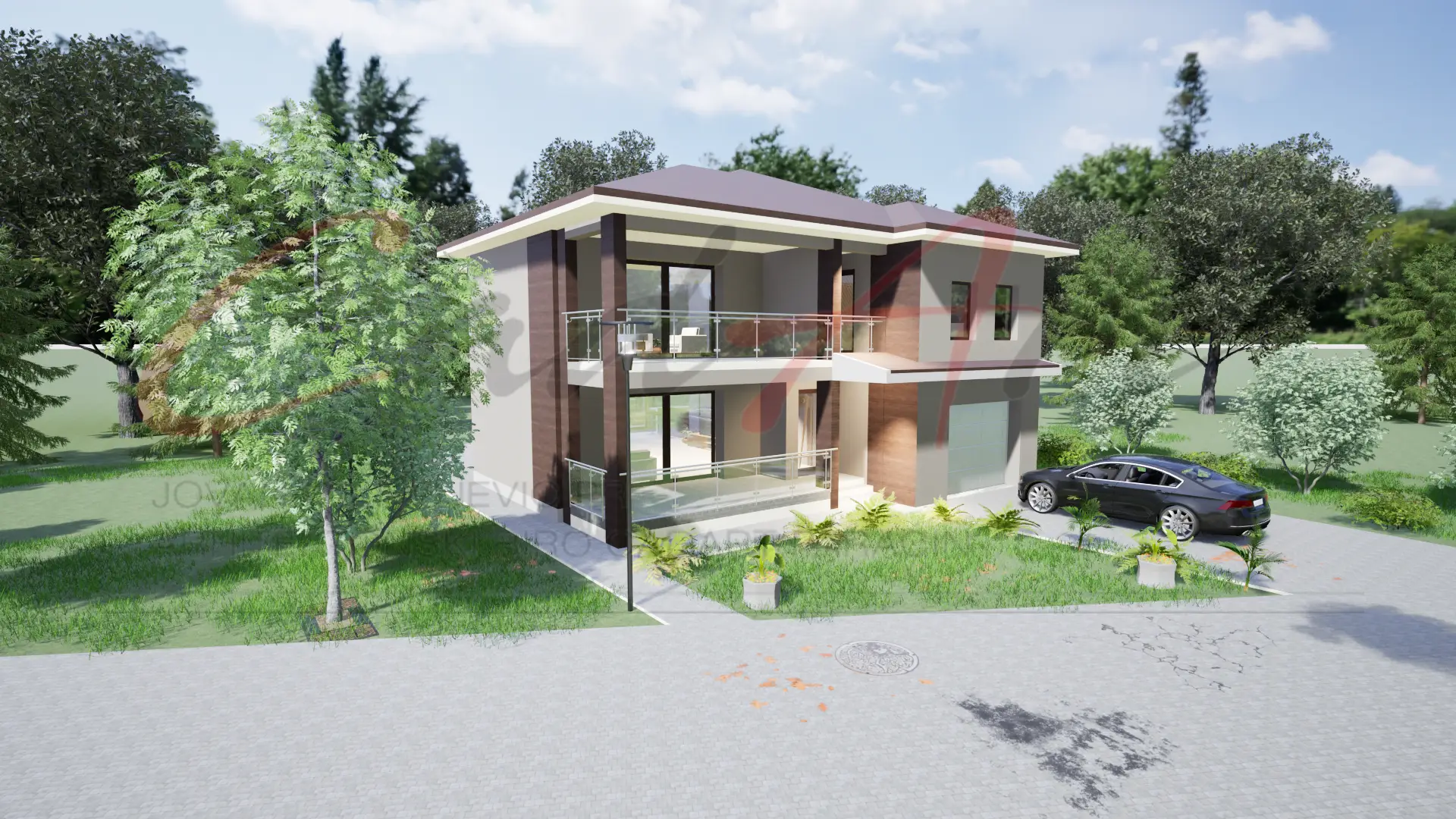 Bočna fasada sa terasom - projekat kuće sa drvetom 200m2 Paraćin