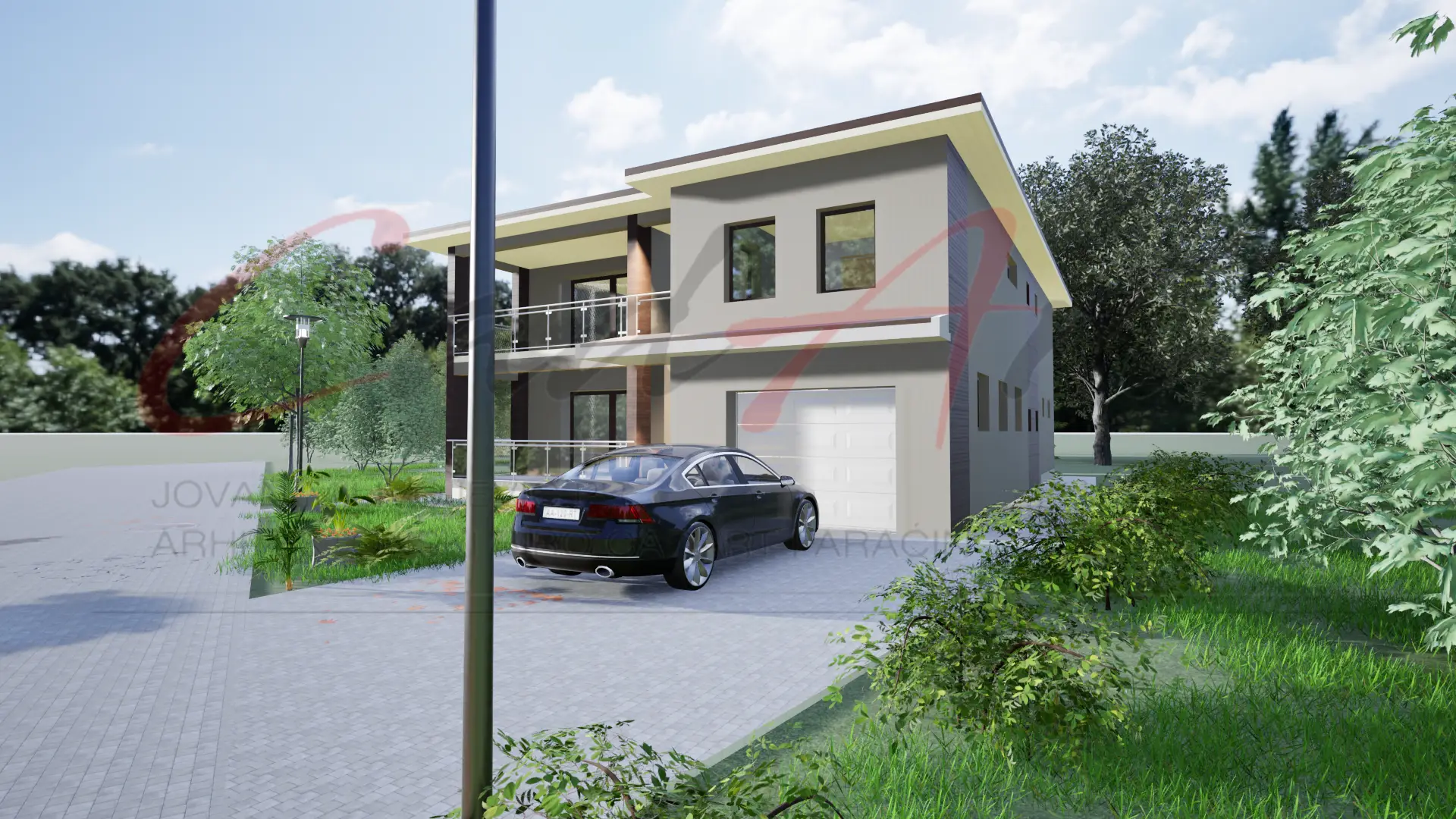 Dvorišni pogled na modernu kuću - plan kuće sa drvenim elementima 200m2 Paraćin