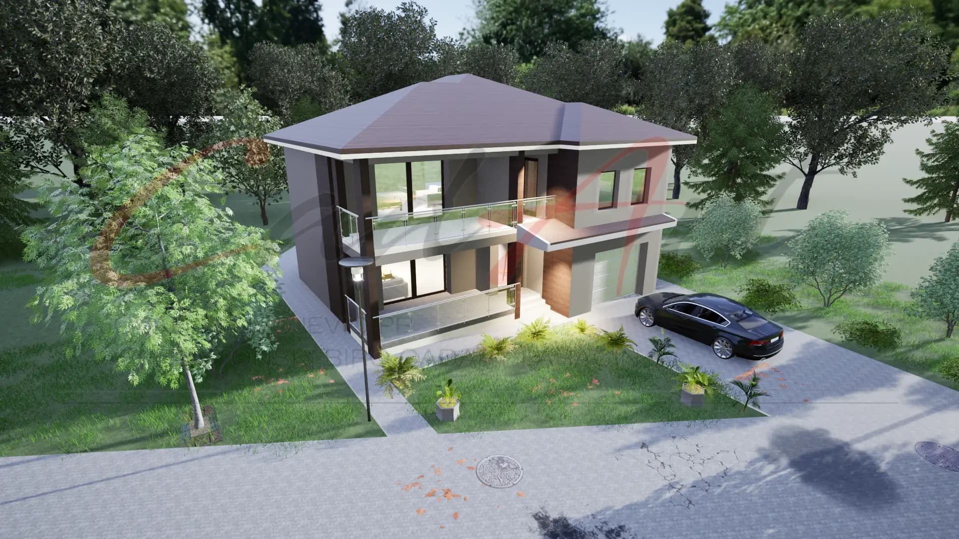 Ulaz i garaža moderne kuće sa drvenim elementima - plan kuće Paraćin
