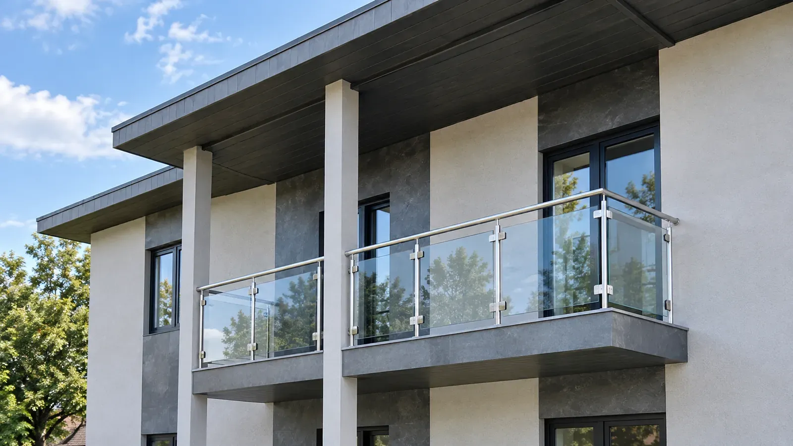 Balkon sa staklenom ogradom i širokom strehom – detalj moderne vile Elise Paraćin