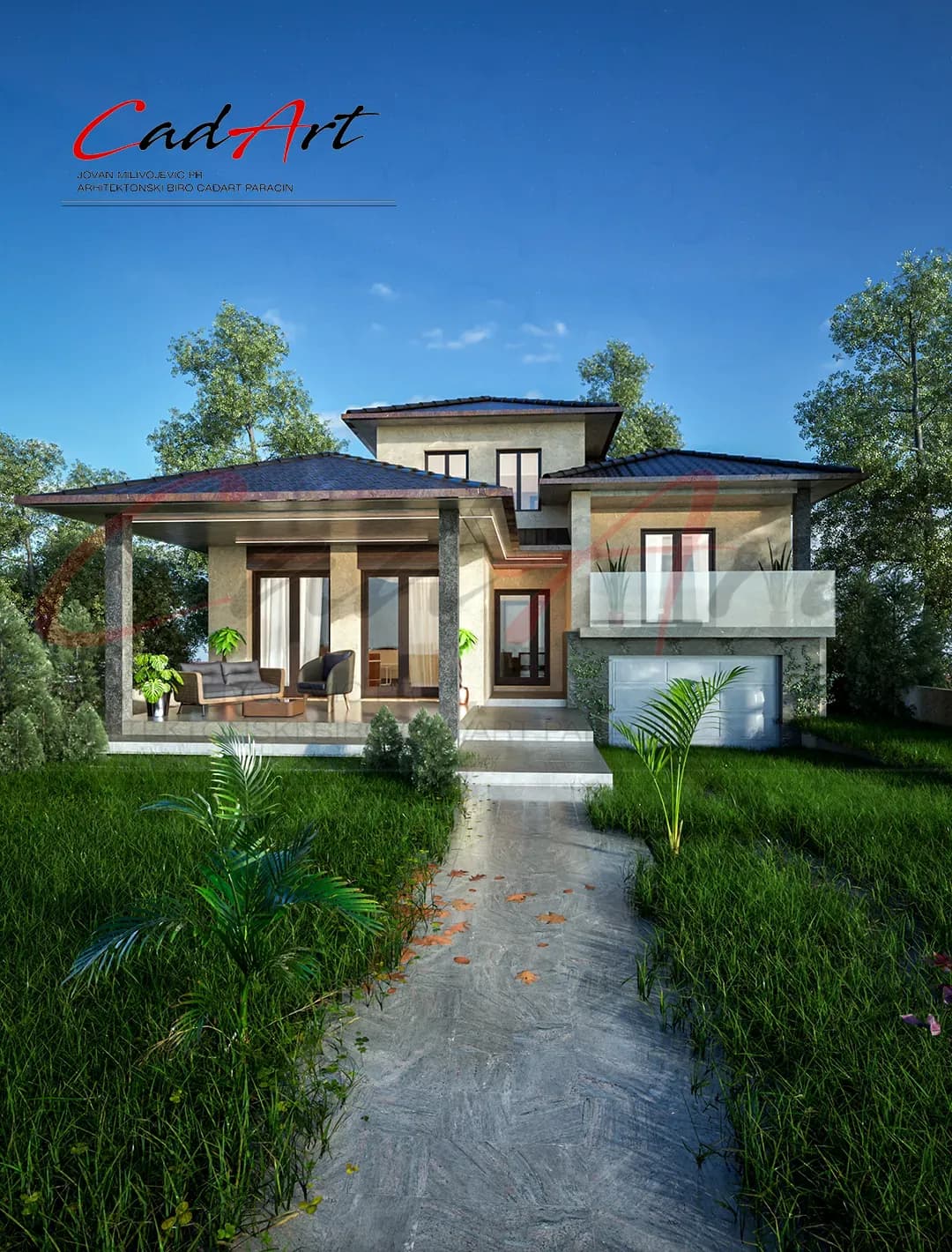 Prednja fasada kuće sa podzemnom garažom - plan kuće 235m2 Paraćin