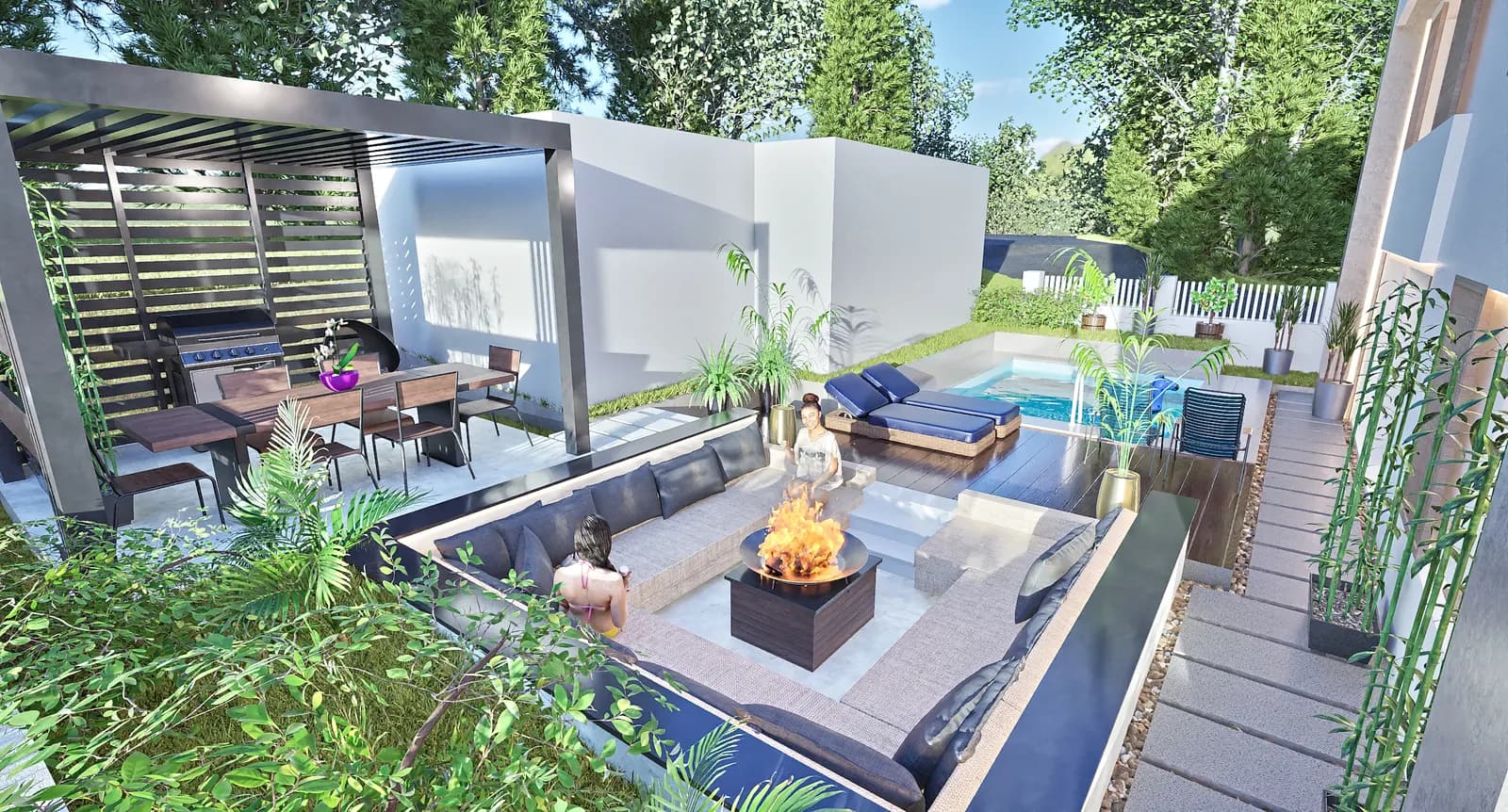 Projektovano rešenje – pergola, spoljna trpezarija i ulegnuti lounge sa ognjištem (3D prikaz)