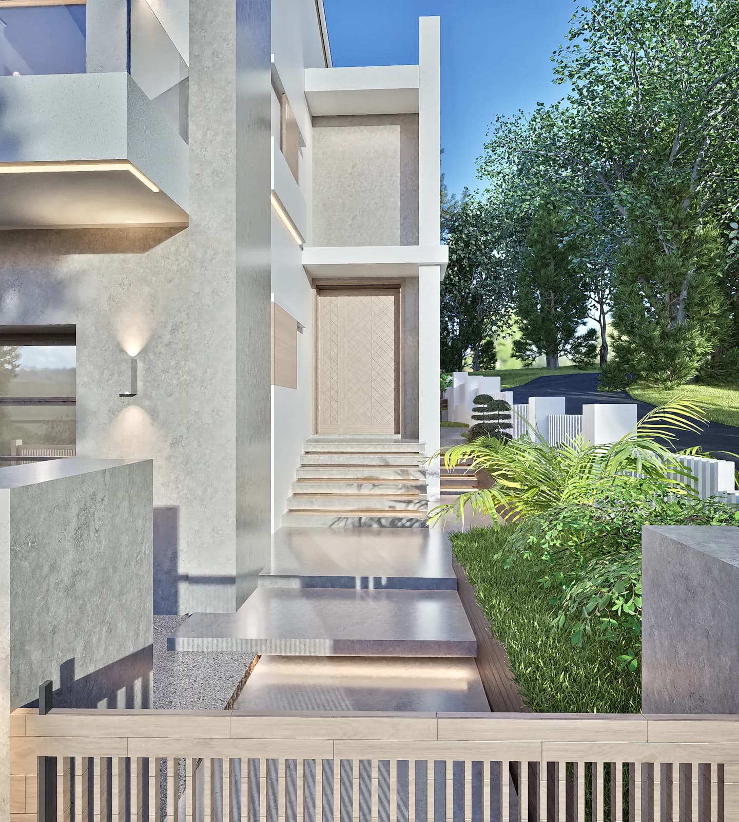 Projektovano rešenje – prilaz i ulazno stepenište sa parternim zelenilom (3D prikaz)