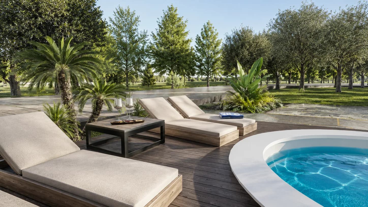 Vila Barajevo - spoljni bazen i jacuzzi sa ležaljkama u uređenom dvorištu