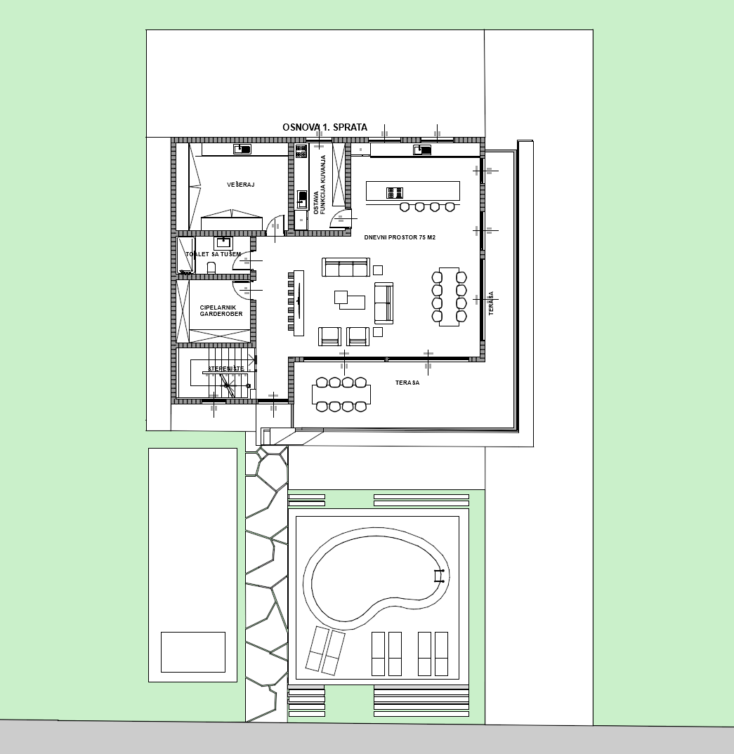 Vila Barajevo - osnova prvog sprata: dnevni boravak, kuhinja i trpezarija (open space ~75 m²) sa terasama