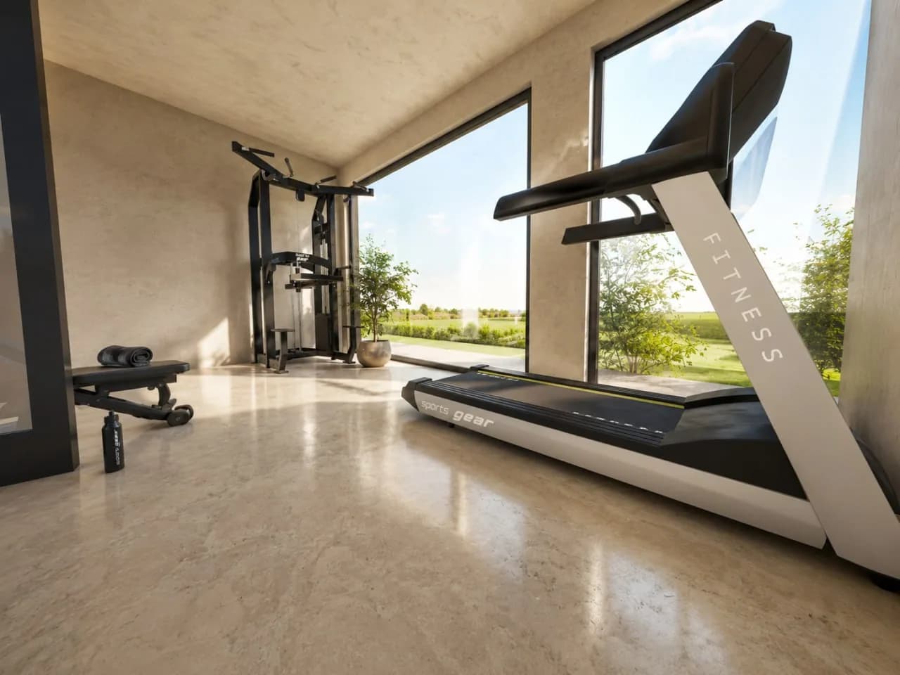 Vila Barajevo - kućna teretana sa fitnes spravama i staklenom fasadom prema dvorištu