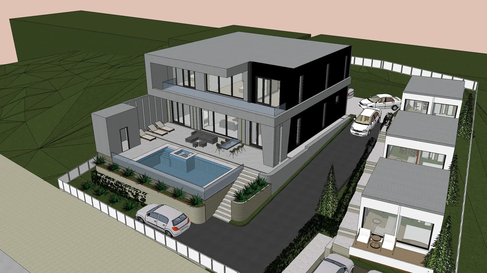 3D model parcele – kuća sa bazenom na platou, stepenište od ulice, prilazna rampa i tri pomoćna objekta u dvorištu