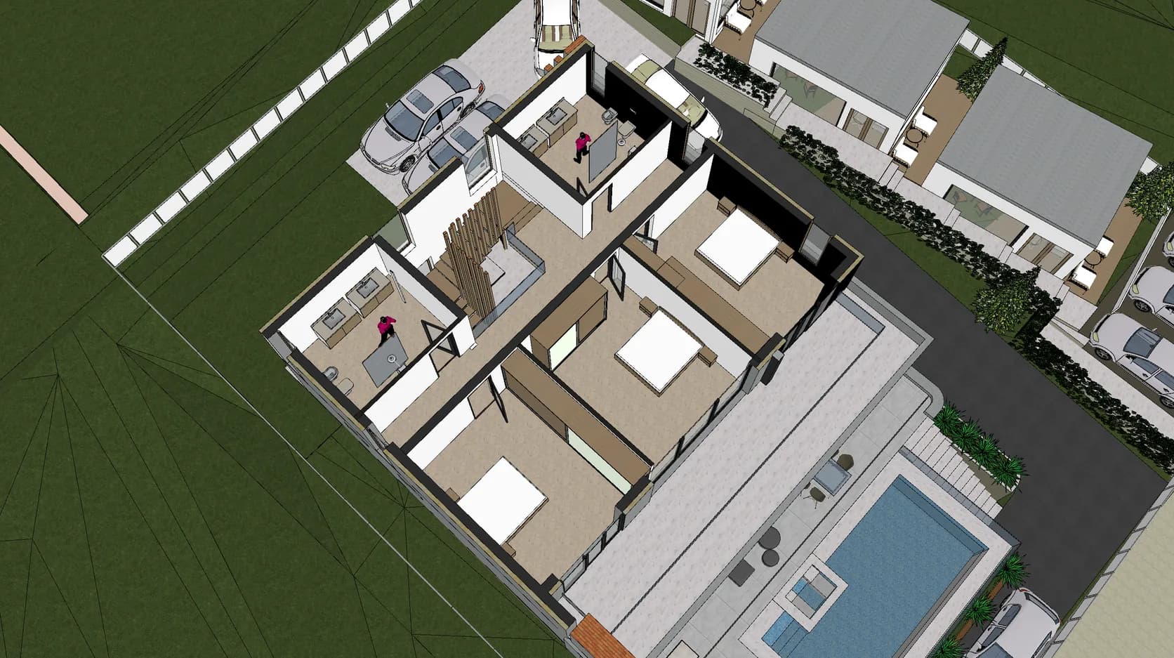 3D presek sprata – spavaće sobe sa izlazom na terasu, kupatila i stepenište sa drvenim lamelama