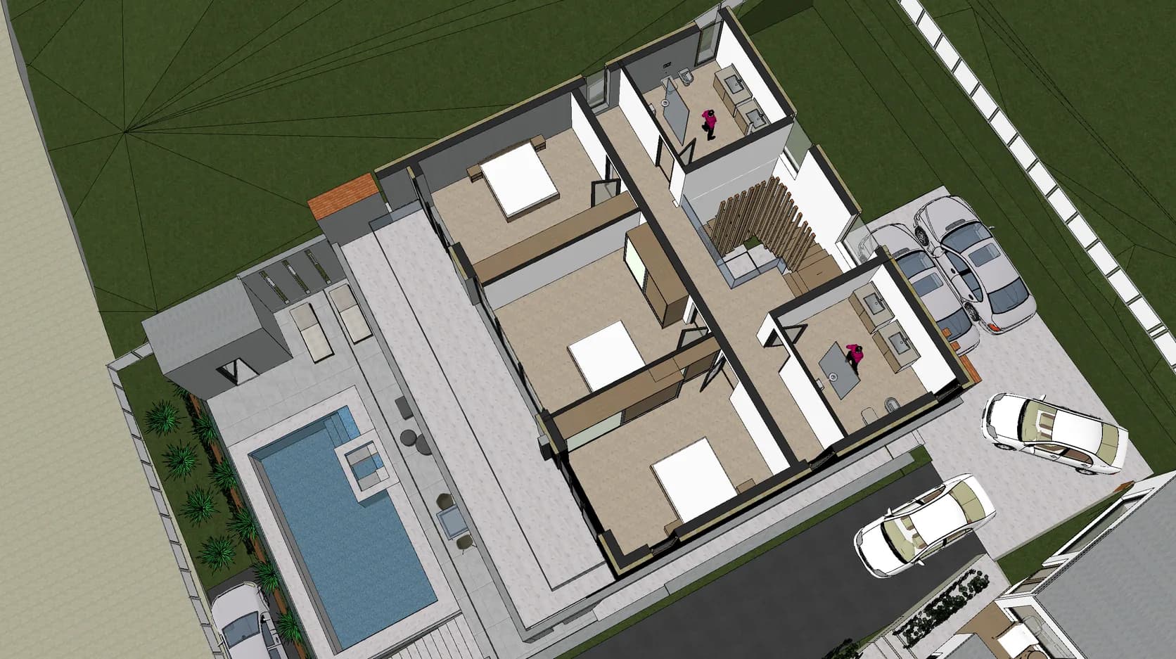 3D presek sprata – tri spavaće sobe okrenute ka terasi i bazenu, dva kupatila i hodnik sa stepeništem