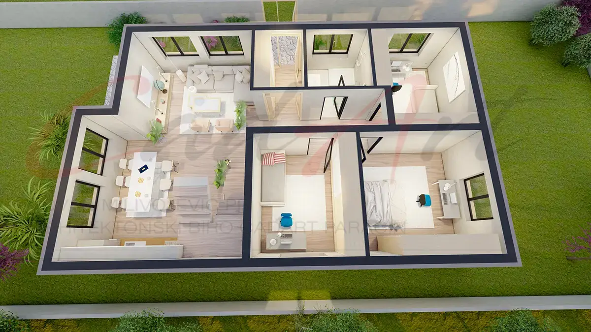 Enterijer dnevnog boravka kuće 150m2 Beograd - 3D model