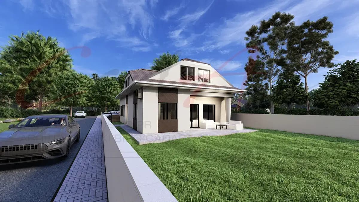 Dvorišni pogled na kuću sa potkrovljem - projekat kuće 150m2 Beograd
