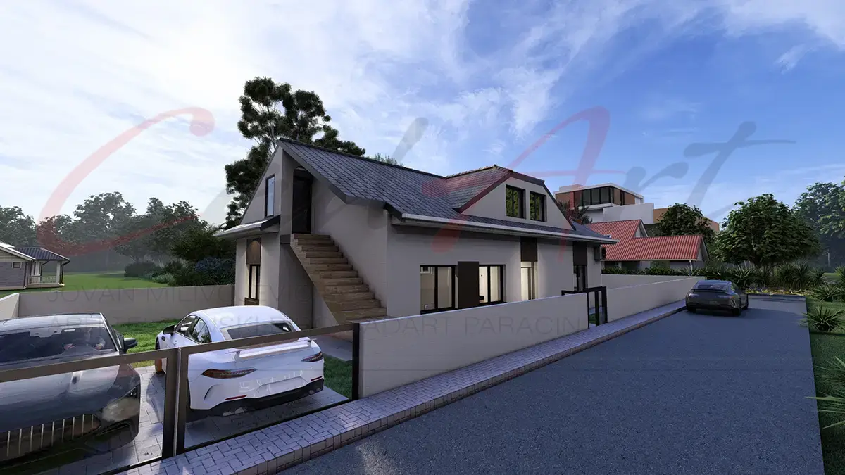 Bočni pogled na porodičnu kuću sa potkrovljem - plan kuće Beograd