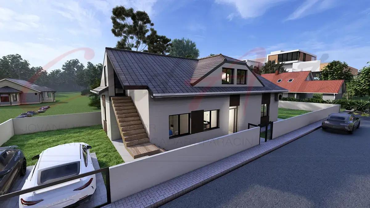 Ulaz i parking kuće sa potkrovljem - projekat kuće 150m2 Beograd