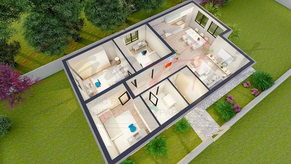 Uređeno dvorište porodične kuće - plan kuće 150m2 Beograd