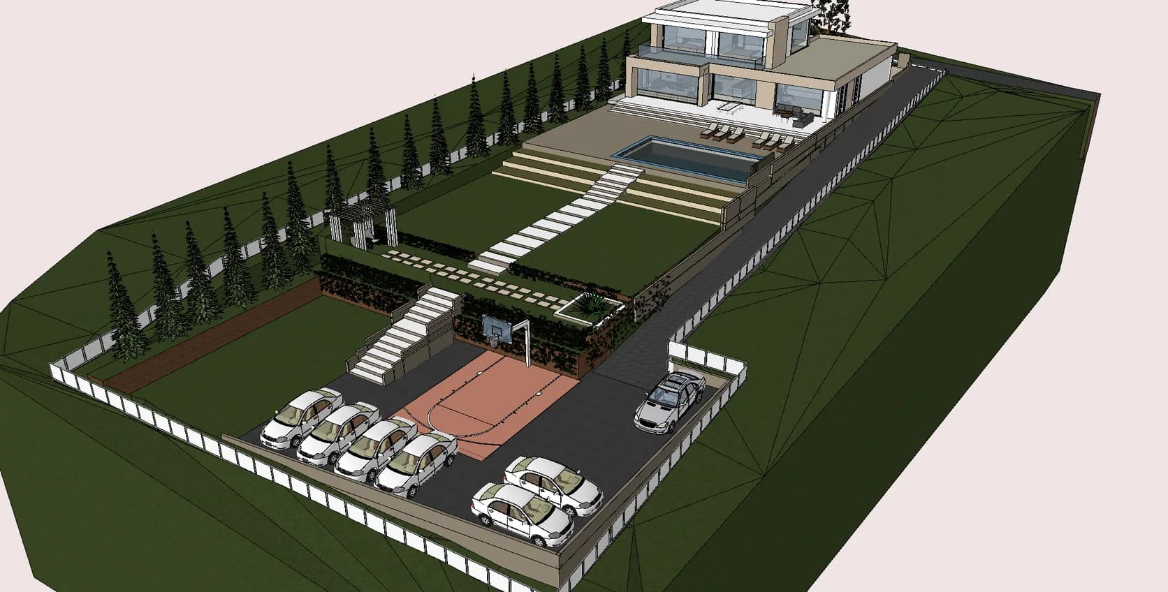 3D model uređenja terena – terase sa stepeništem, potporni zidovi, bočni prilazni put i parking sa sportskim terenom