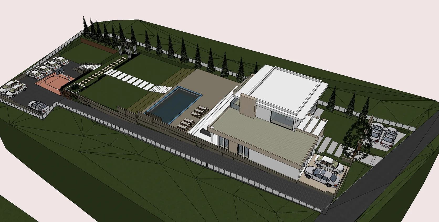 3D model parcele – položaj kuće, bazena, travnatih platoa, sportskog terena i parkinga na terenu u padu