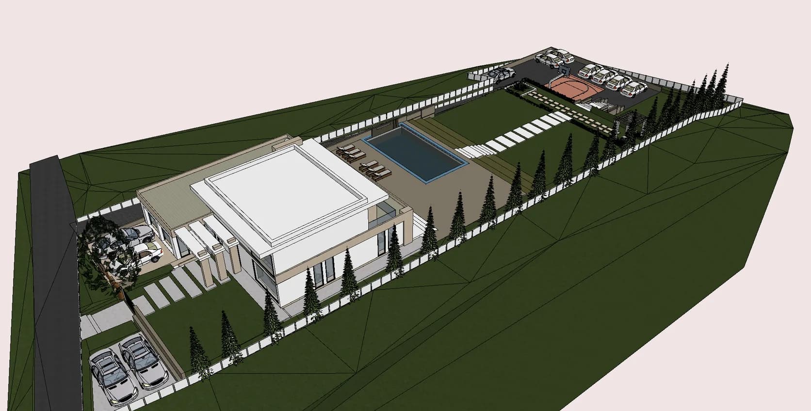 3D model parcele – kuća uz ulicu, bazen u produžetku dnevne zone i kaskadno dvorište prema donjem platou