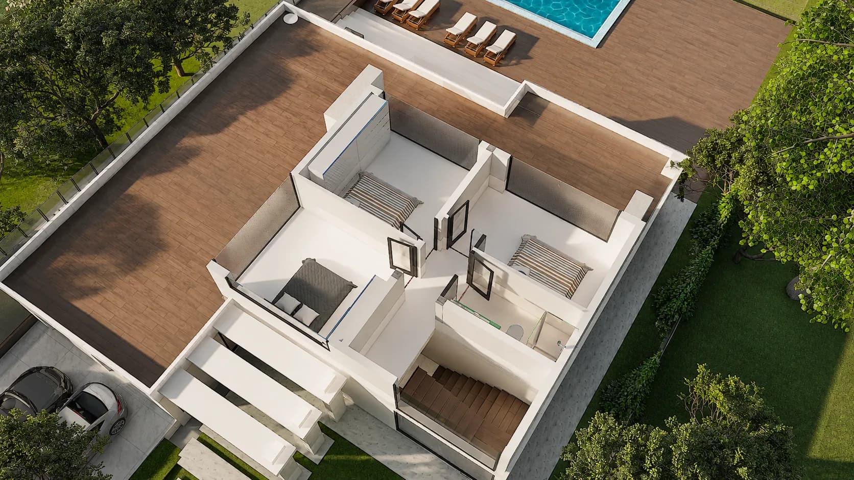 3D presek sprata – spavaća zona sa staklenim fasadama, stepenište i terasa iznad dnevne zone