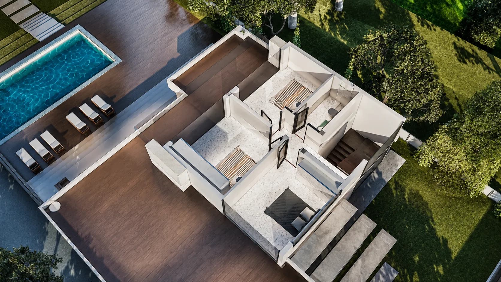3D presek sprata – tri spavaće sobe, kupatilo i terasa sa pogledom na bazen