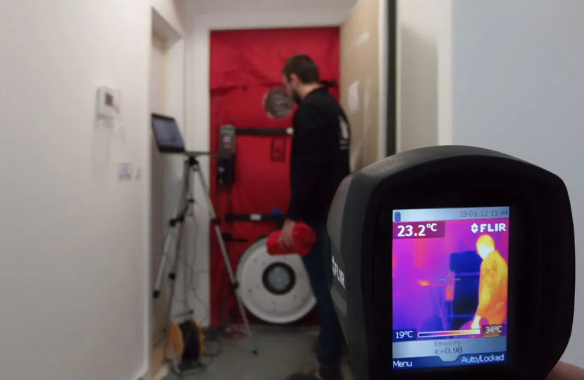 Blower Door test u hodniku stana: u vratima je razapeta crvena zaptivna membrana sa ventilatorom, tehničar podešava opremu, a u prvom planu termovizijska kamera prikazuje toplotnu sliku prostorije.