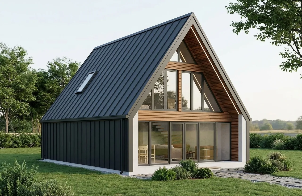 A-frame vikendica 65 m² sa staklenim portalom i drvenom fasadom – projekat kuće
